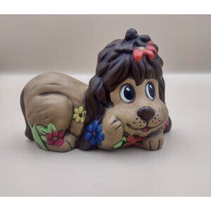 Vintage Hand-Painted Ceramic Puppy Dog Figuring Floral 70s Style Flowers Cute